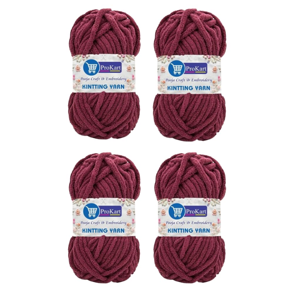 ProKart Premium Blankie Wool, Plush & Cuddly, Chenille Yarn Supersoft Hand Knitting Wool Ball | Blanket Thick/Mottu Yarn Ball Suitable for Hand Knitting and Crocheting for Baby, Adult, Sweaters, caps, Throws, Home Furnishing, Scarves, Blankets (Dark Wine, 100gms x 4 Pack)