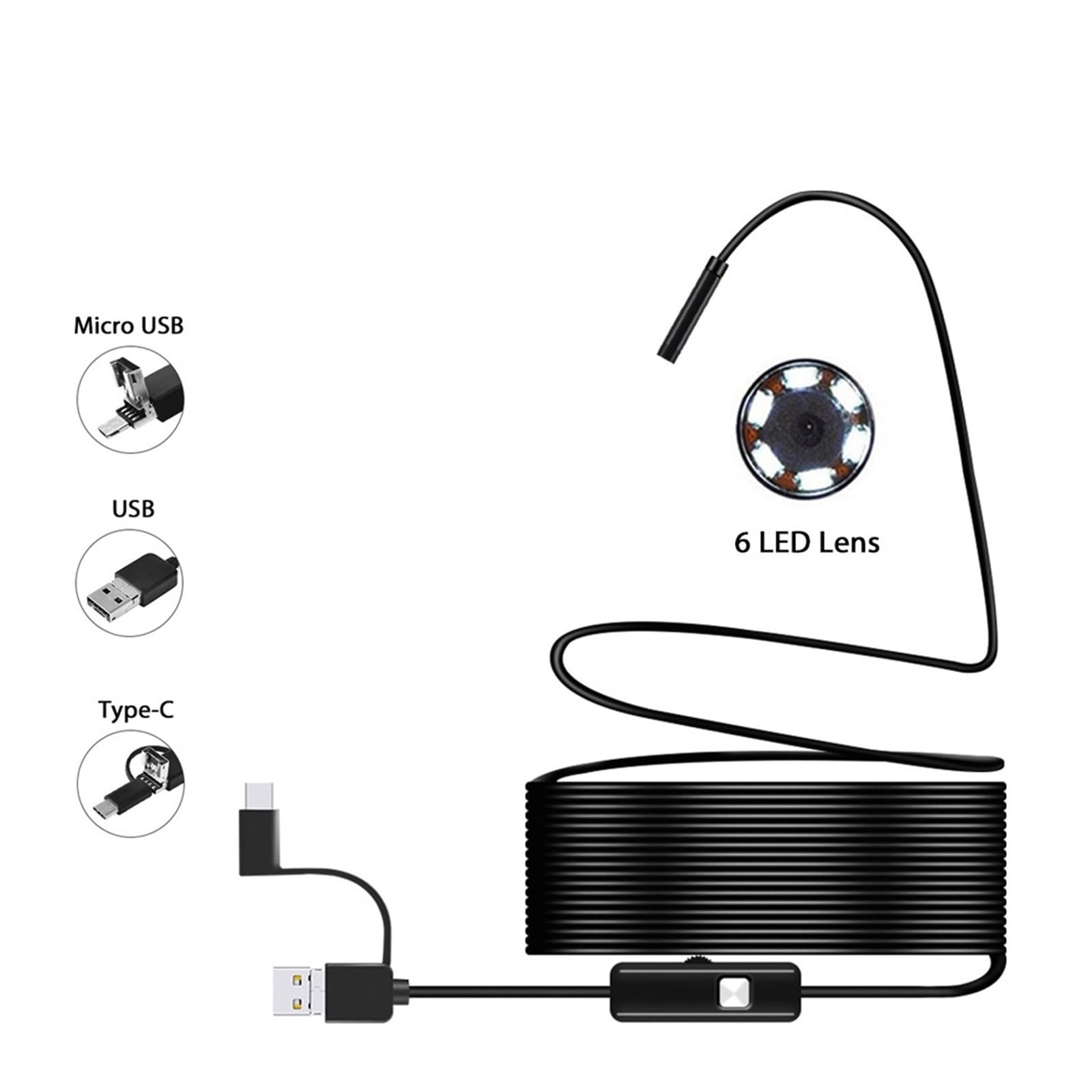 Industrielle Endoskopkamera 7 mm, IP67 wasserdicht, Inspektions-Boreskop, 6 LEDs, verstellbar, Kfz-Anschluss, USB Typ-C, Micro-USB