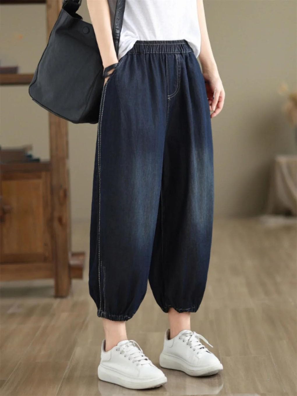 Retro Cotton Denim Pants Summer Elastic Waist Thin Slimming Tapered Pants Stripe Detail Cropped Harem Pants