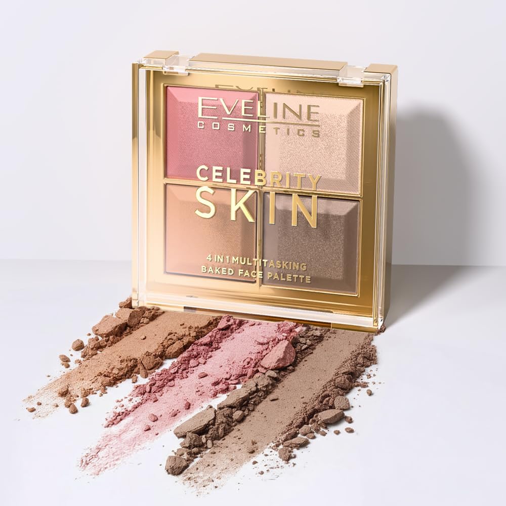 Eveline Cosmetics Celebrity Skin Baked paleta konturowa 4 w 1 — bronzer, róż i zakreślacz, kompaktowy do konturowania twarzy i blasku, miękkie wykończenie, wegańska paleta do makijażu przyjazna w