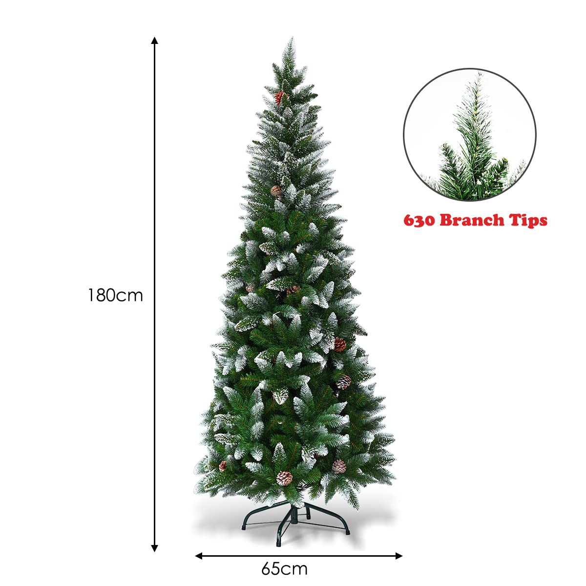COSTWAY Kerstboom Potlood 220cm - Kunstkerstboom Met Dennenappels En Sneeuw - Metalen Standaard