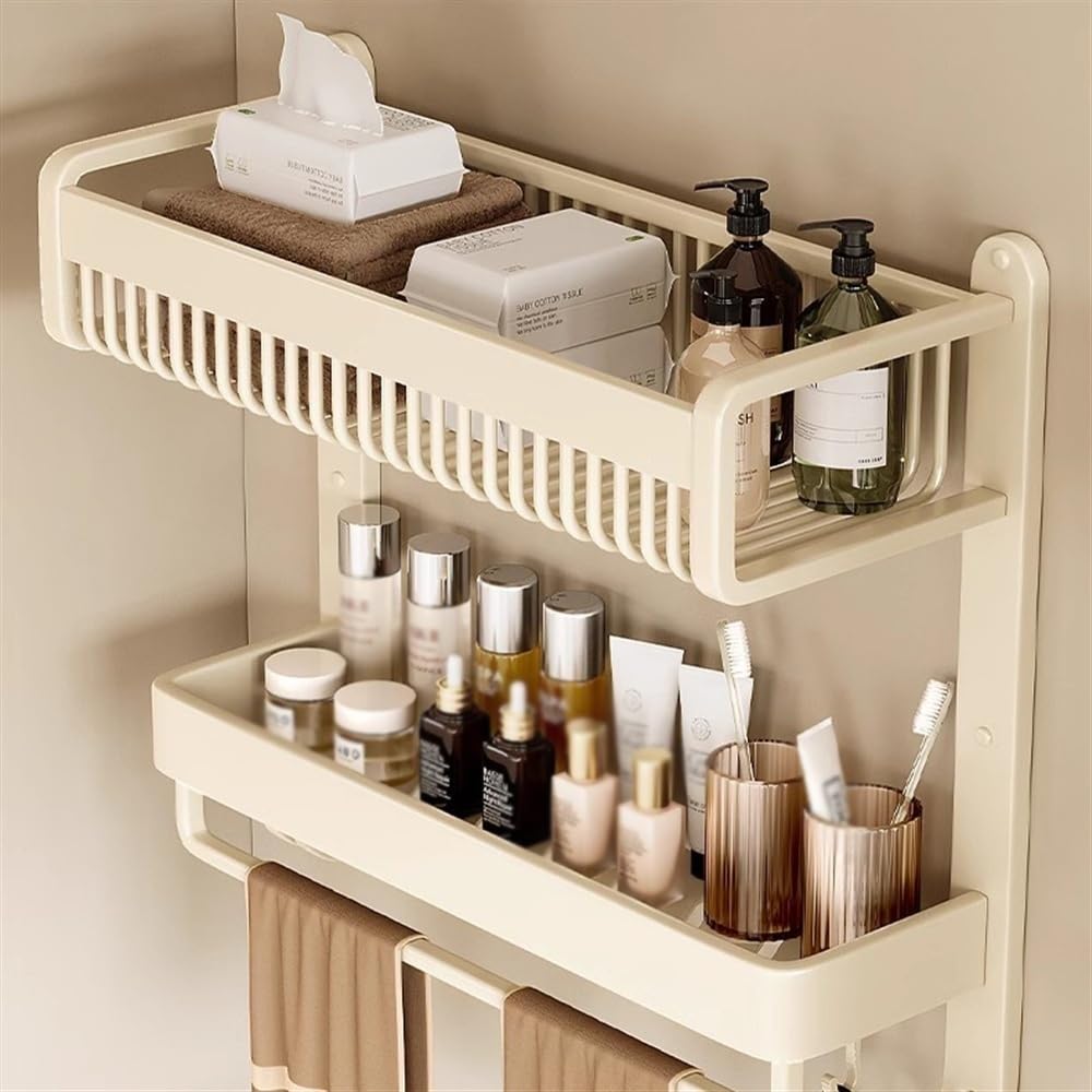 Portaoggetti Doccia Portaoggetti da bagno integrato a 2 livelli, portaoggetti da doccia da parete con barra portasciugamani e ganci, organizer da doccia in alluminio senza foratura Mensole Bagno(39CM)
