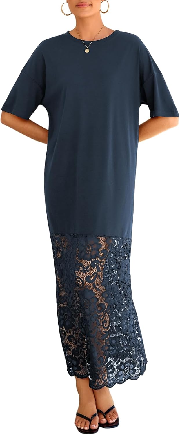 LOLONG Womens Short Sleeve Lace Patchwork Maxi Dress Summer 2026 Crew Neck Casual Long Dresses
