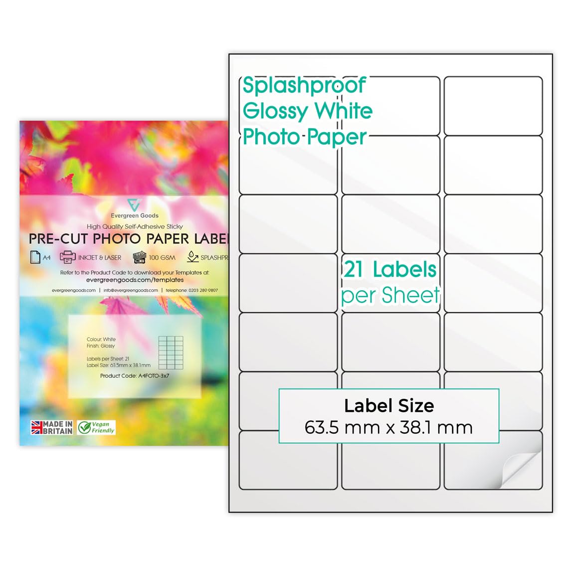 Precut Labels Stickers A4 Sheet (3x7 (21 per Sheet), 20 Sheets) | Glossy White Photo Sticker Paper A4 Labels Splashproof | 9 Label Size Variations | Inkjet & Laser Printable