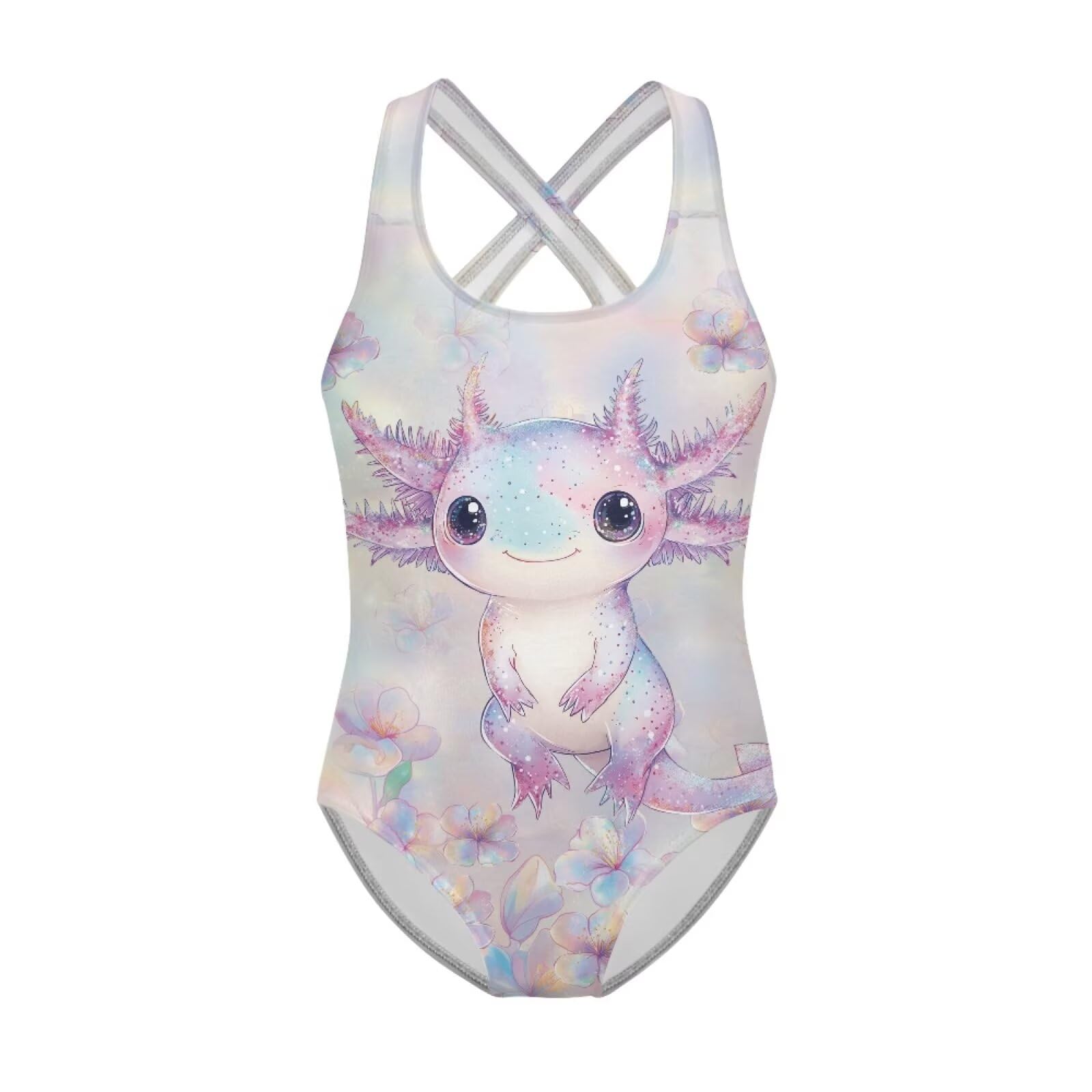 Girls One Piece Swimsuits Axolotl Cross Back Swimwear Beach Summer Quick Dry Beach Bathing Suit