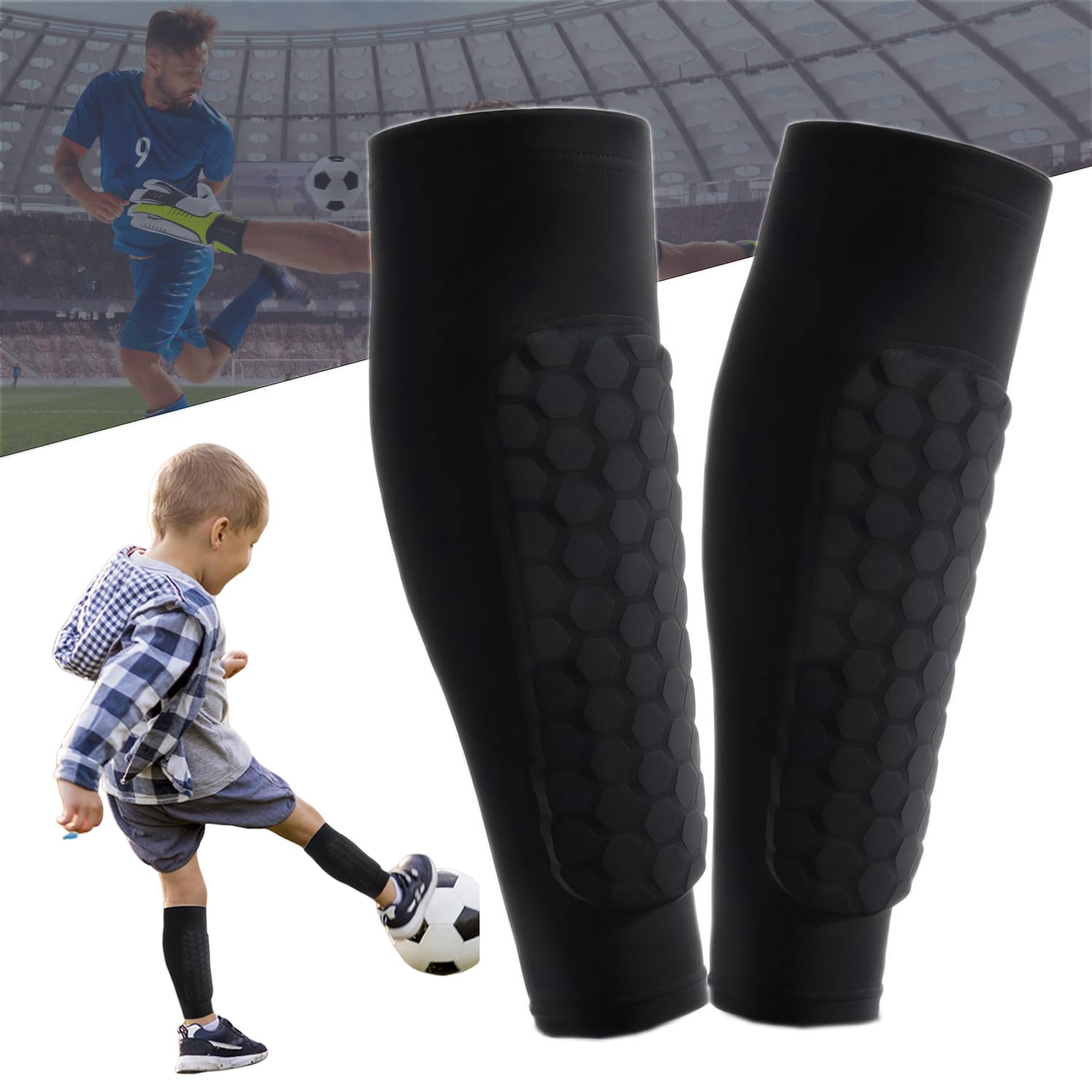 Tapis Design-Shin Pads Football, 1 Pair Shin Pad Sleeves Impact Protection, Ski Shin Protector with Honeycomb Pads, Shin Guard Sleeves for Men, Women & Kids (Black, S)