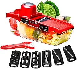 Cortador de Legumes 6 em 1 Multifuncional – Mandolin Fatiador e Ralador com Lâminas de Aço Inox, Descascador e Base Antiderrapante para Cozinha - Premium