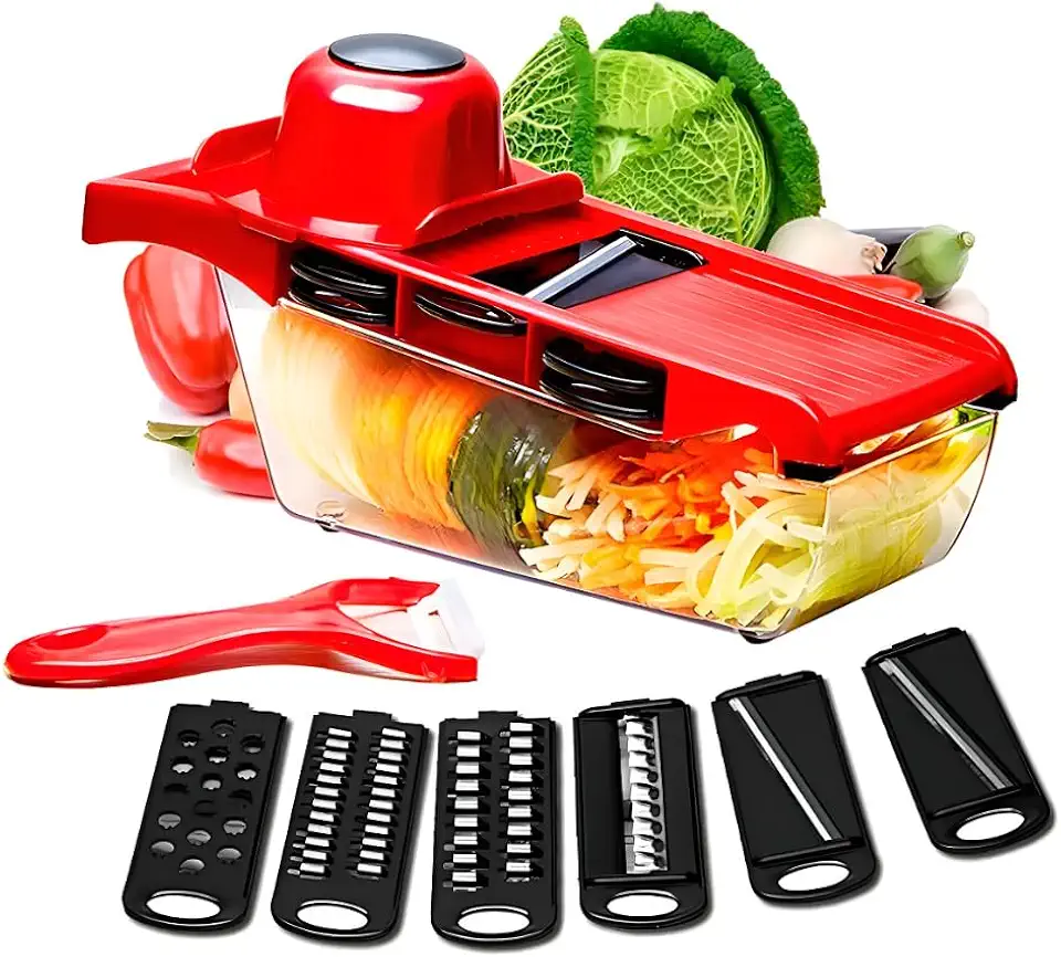 Ralador Fatiador de Legumes 6 em 1 Multifuncional – Mandoline com Lâminas de Aço Inox, Descascador e Base Antiderrapante para Cozinha - Premium