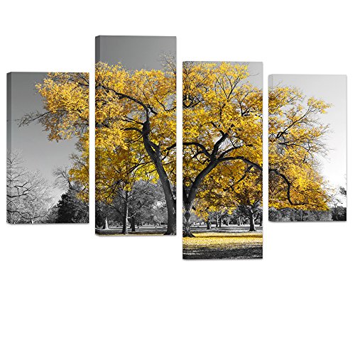 Visual Art Decor 4 Pieces Black White Red Tree Canvas Art Autumn Fall Nature Scenery Picture Prints Framed and Streteched Gallery Decor Artwork for Living Room Bedroom Home Office (Yellow)