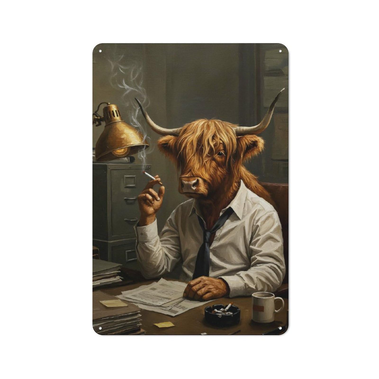 Junmoney Anthropomorphic Highland Cow Businessman Smok Ing Creative Metal Wall Decor 30X20cm, Metal Desk Wall Sign For Hobby Room, Office, Lounge Or Living Room