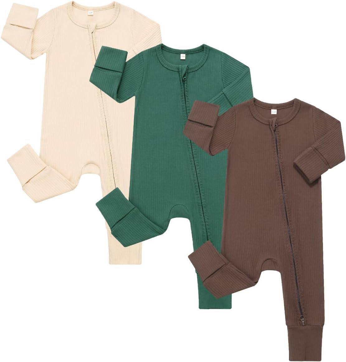 Bafeicao 3 Pack Baby Boy Girl Rompers with Mitten Cuffs, Ribbed Cotton 2 Way Zipper Romper One Piece Jumpsuits Clothes