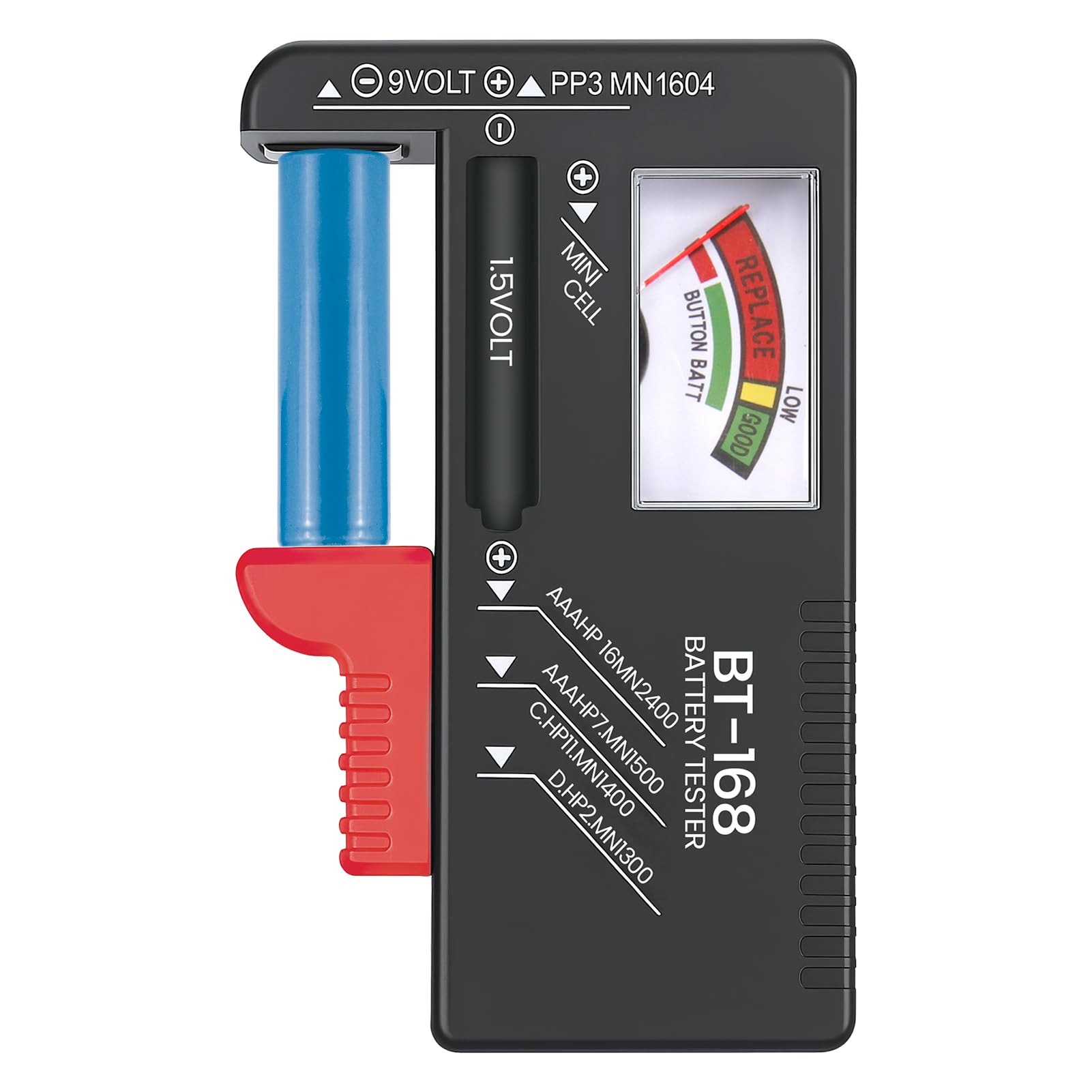 Testeur de Piles Universel, Testeur de Numérique Pointeur Piles pour AA AAA C D 9V 1.5V Batterie Bouton Vcontrôleur de Tension de Batterie Fonctionne Sans Pile Précis et Portable (Modèle: BT-168)