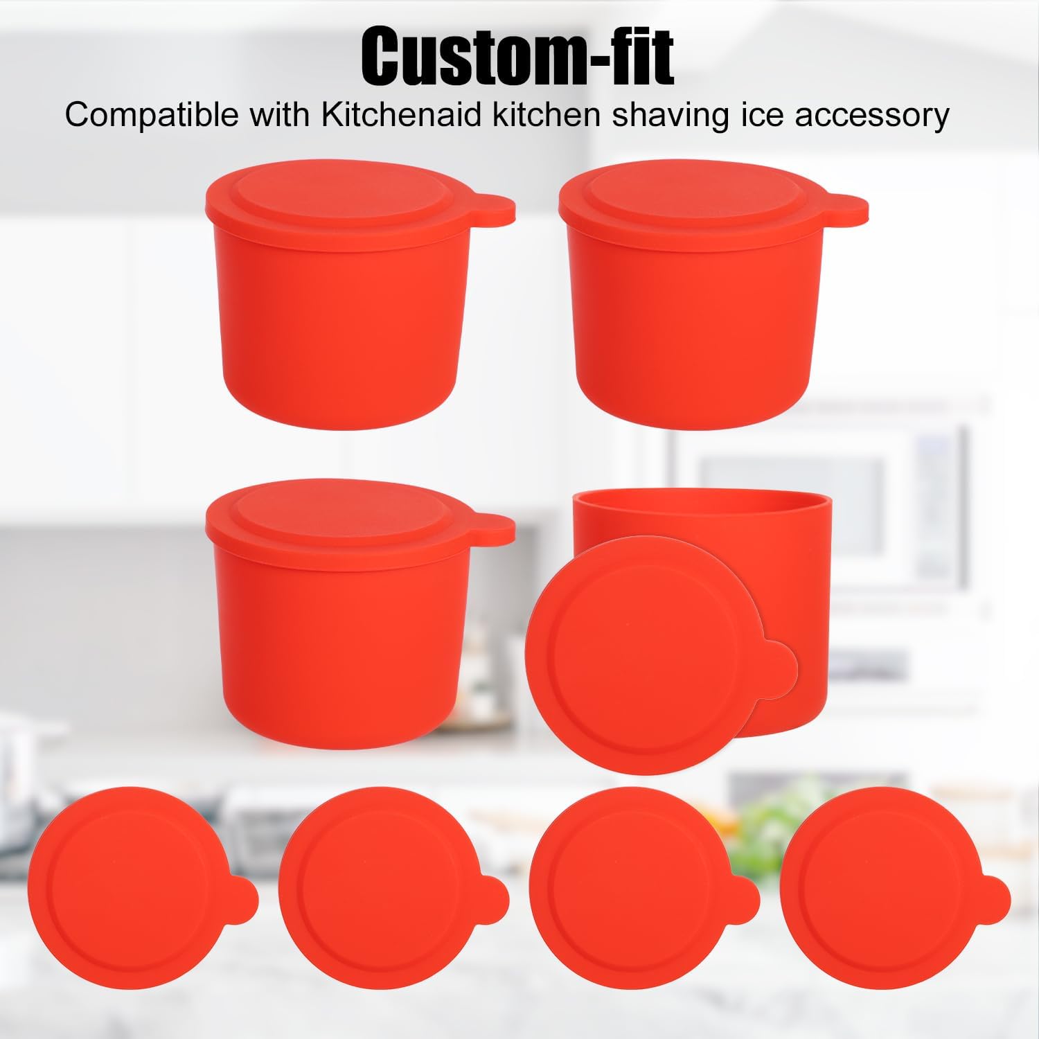 4pcs Ice for Kitchenaid with Lids, Reusable Silicone Ice Making Machine Accessories Compatible with Kitchenaid Ice Shaver (Red)