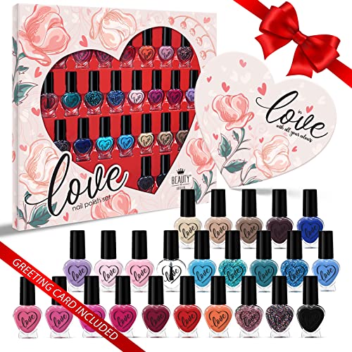 Beauty4Britain Love Nail Polish Set 24 x 5 ml Trendy Colours + Greeting Card Stylish Nail Varnish Gift Set