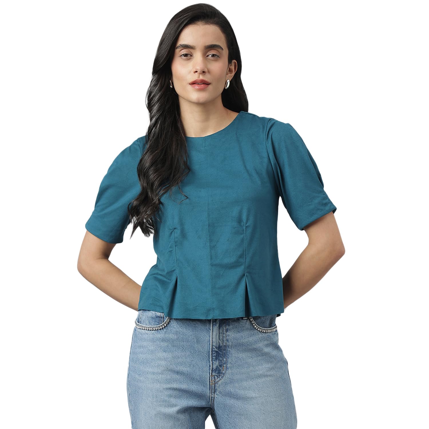 Latin Quarters Women Teal Casual Solid Half Sleeve Top-picture-19