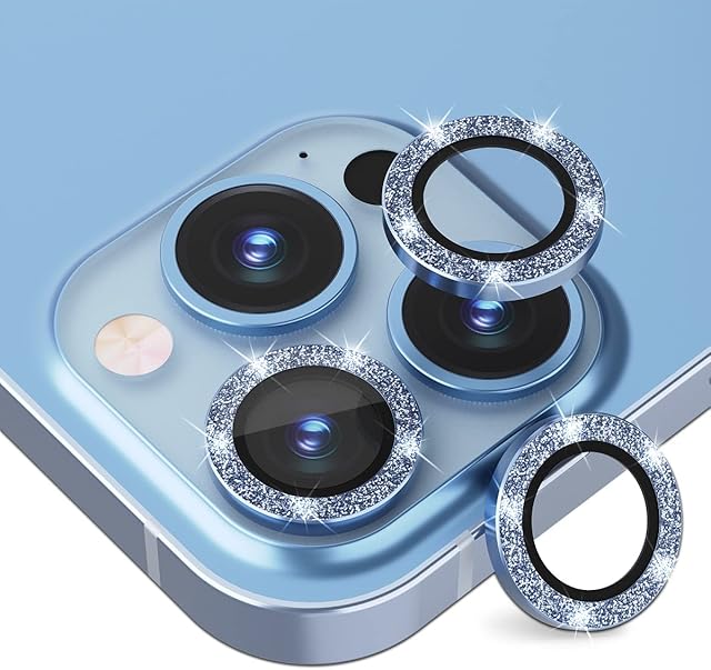 Diruite 3-Pack Compatible with iPhone 13 Pro/13 Pro Max Camera Lens Protector, Premium Tempered Glass Aluminum Rim Camera Lens Screen Protector for iPhone 13 Pro/13 Pro Max [Glitter Diamonds]