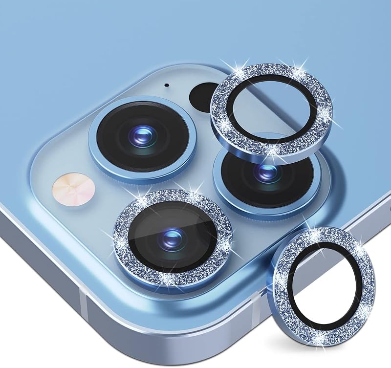 Suoman Paquete de 3 para iPhone 13 Pro 6.1 pulgadas / 13 Pro Max 6.7 pulgadas Protector de lente de cámara, película de vidrio templado de dureza 9H, [diamantes brillantes] Cubierta protectora de metal individual - Far Peak Blue