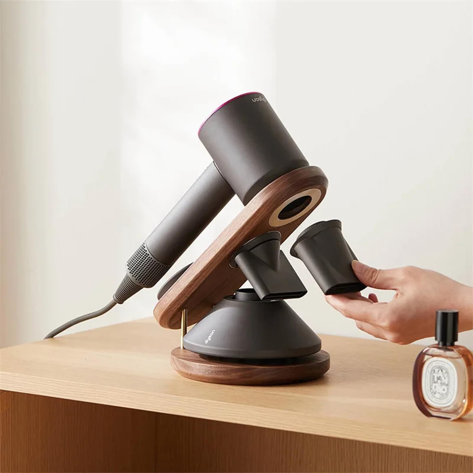 Soporte para secador de Pelo, difusor supersónico para secador de Pelo y boquillas, Organizador de Accesorios para secador de Pelo, Madera de Haya de Nogal