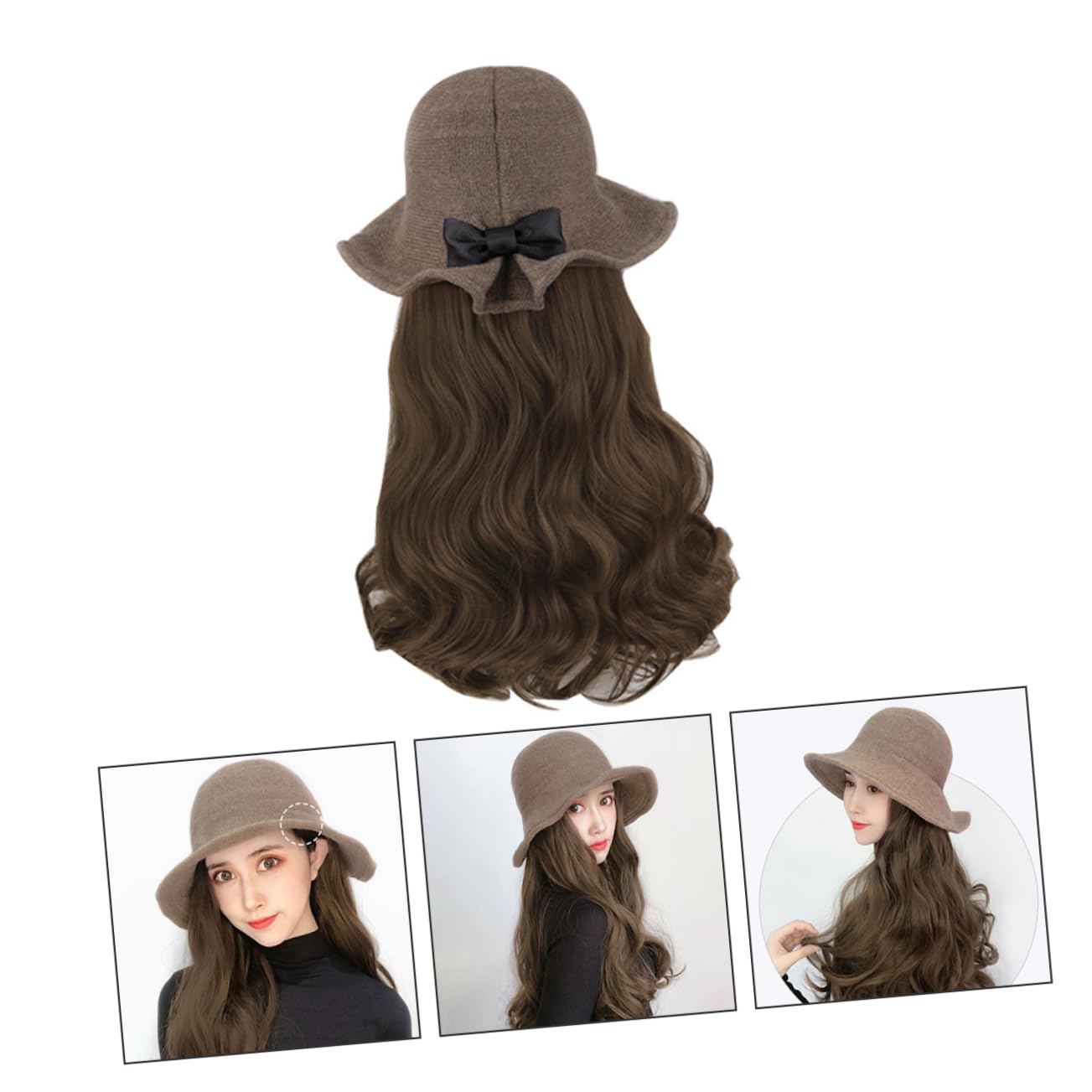 NOLITOY Long Wavy Curly Synthetic Hair Extensions Wig Hat for Women Khaki Fisherman Style Cap with Attached Light Brown Hair for Daily Wear Parties and Gift Giving