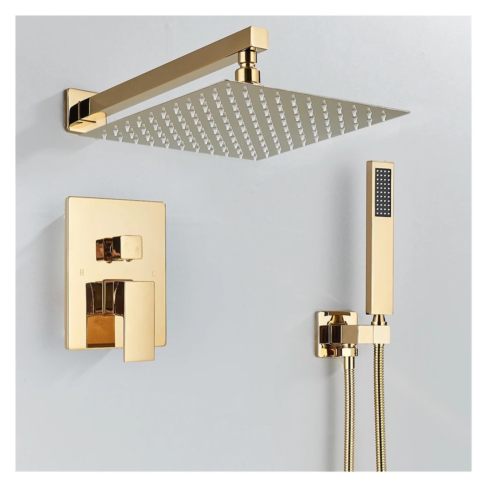 Pomme de douche de 10 pouces encastrable or brillant avec ensemble robinet et douchette à main
