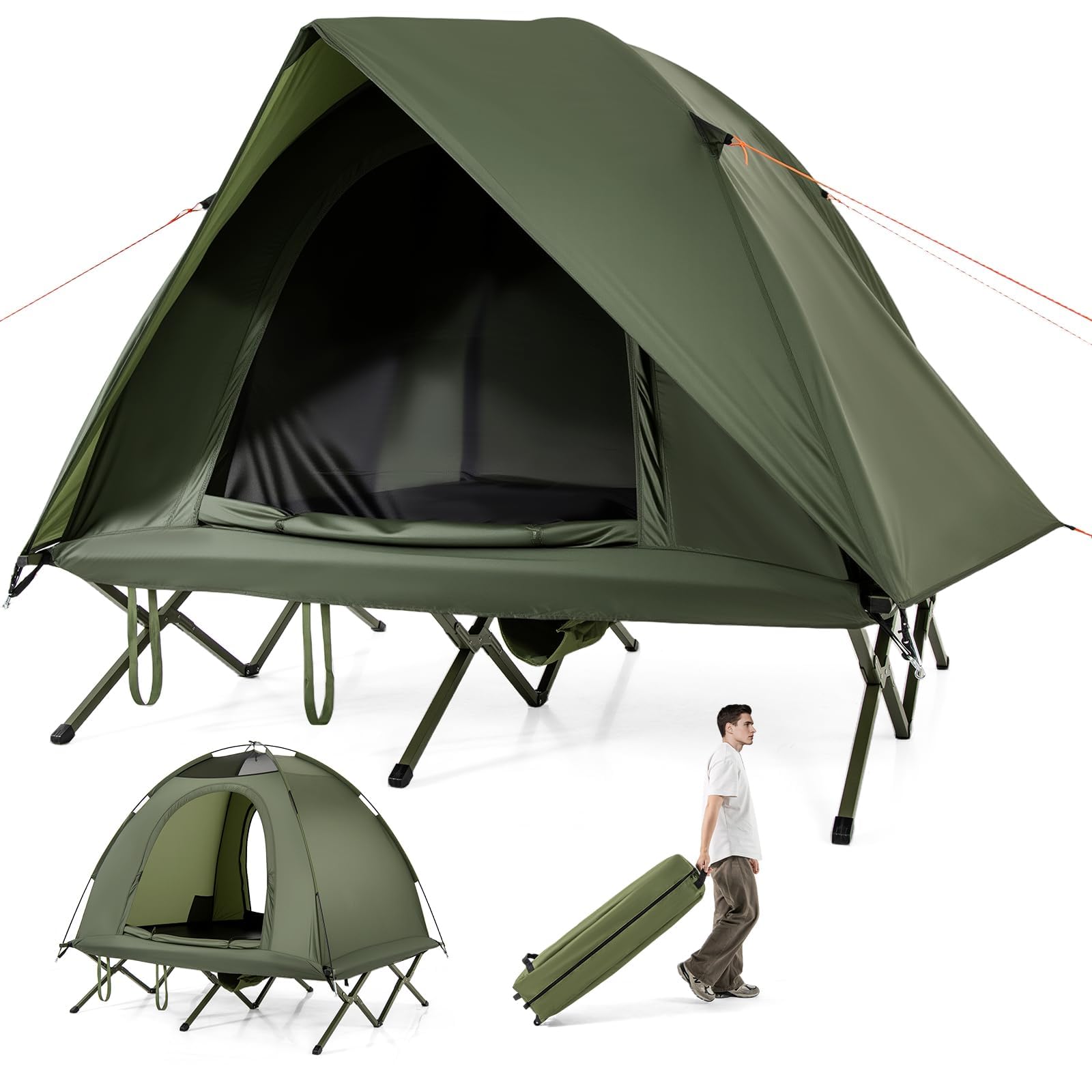 FANTASK Lit de Camp avec Tente pour 2 Personnes, équipement de Camping avec Housse de Pluie, 2 Portes en Filet, fenêtre de Toit et Sac Roulant, lit d'hébergement utilisable en Plein air, jusqu'à 300
