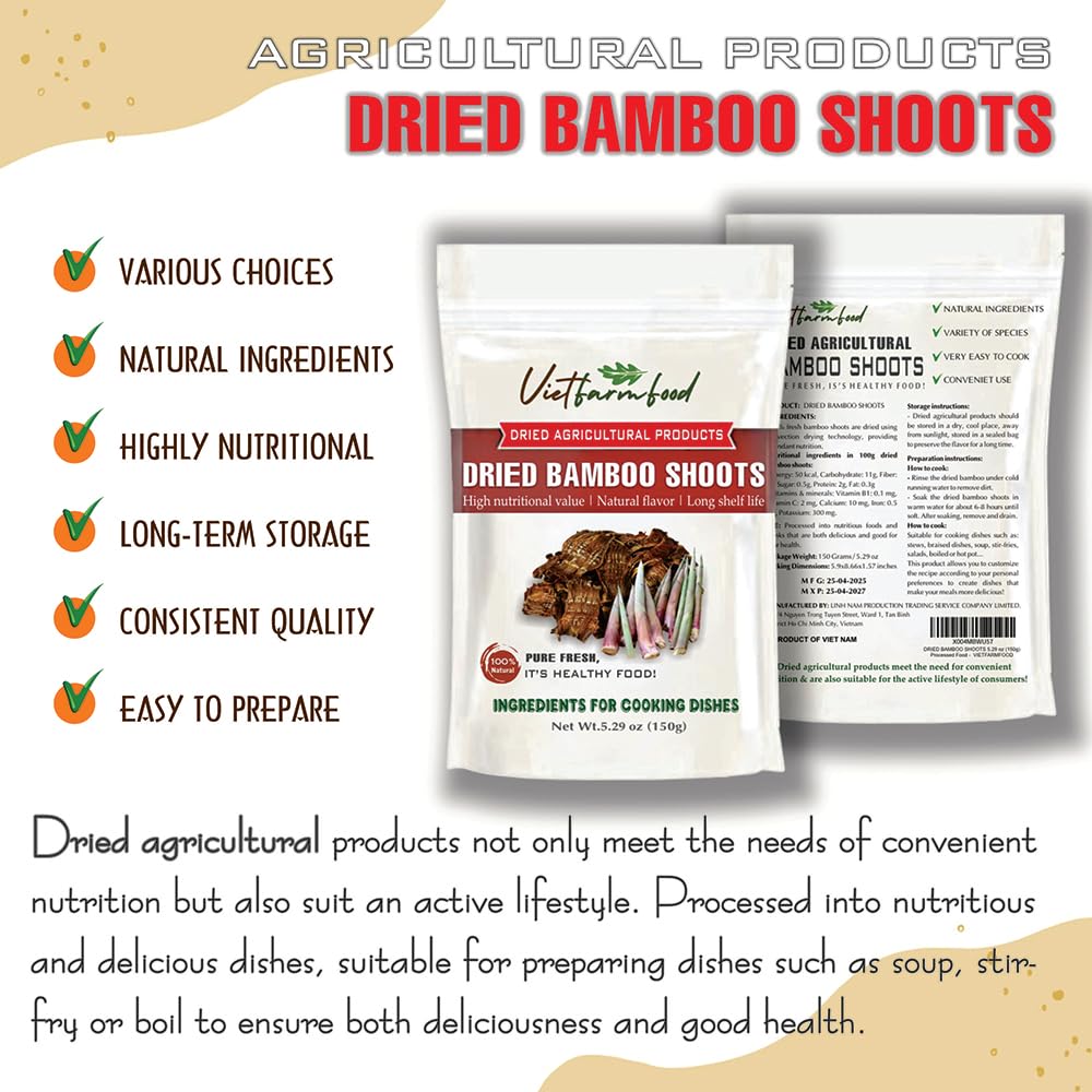 DRIED FOREST BAMBOO SHOOT 5.29 Oz (150g) VIETFARMFOOD: Dried agricultural product with pure natural flavor. Used as cooking ingredients to prepare delicious, nutritious dishes, suitable for vegetarian