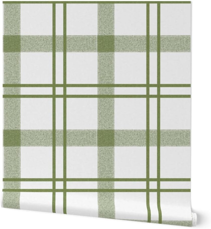 Peel & Stick Wallpaper 3ft x 2ft - Avocado Green Plaid Olive Sage Green Rustic Stripe Check Tartan Custom Removable Wallpaper by Spoonflower