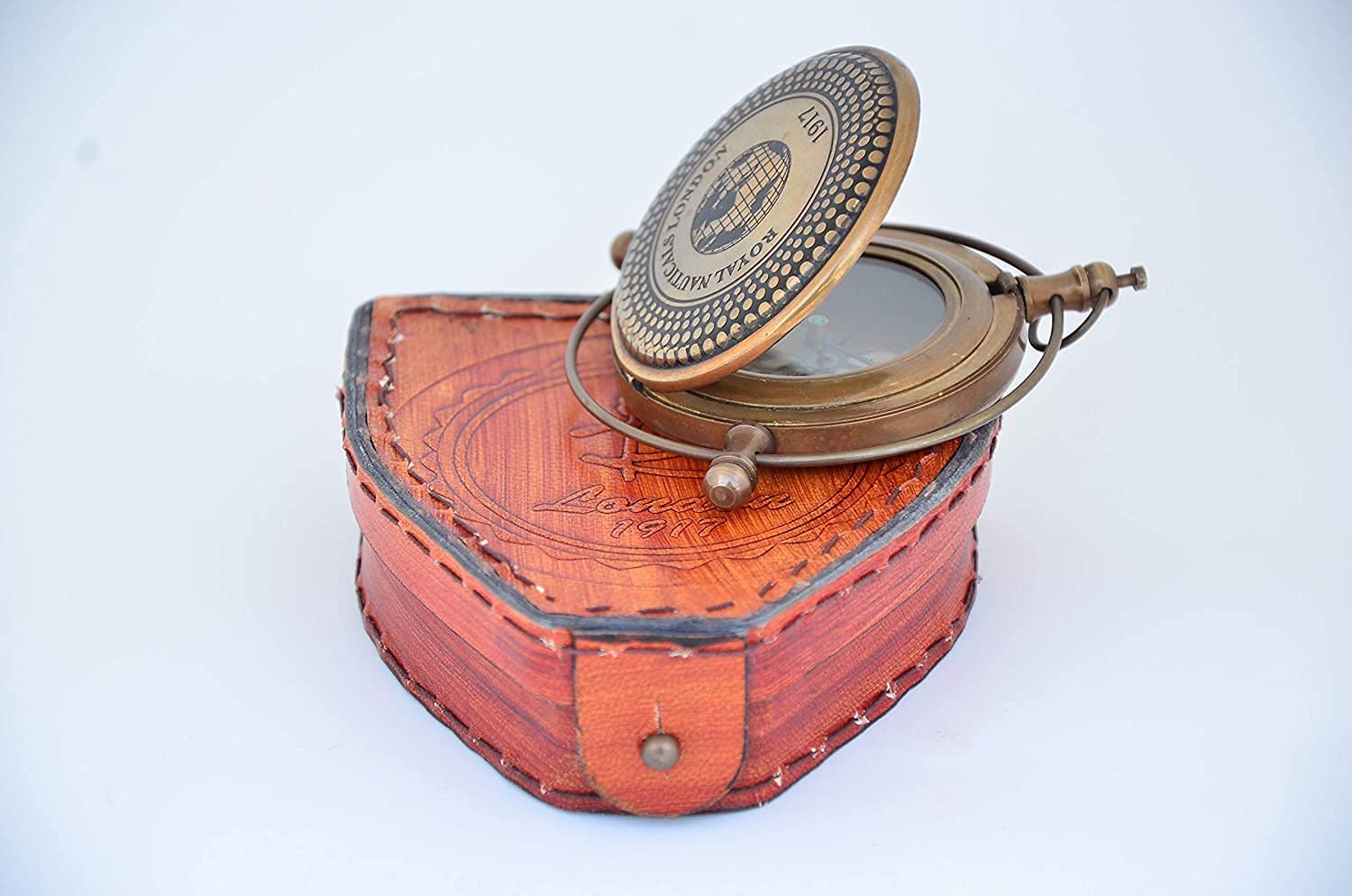 Handmade Antique Brass London Compass Push Button Compass with Leather Case Direction Finder Pocket Working Compass for Camping and Hiking Outdoor Military Army 1