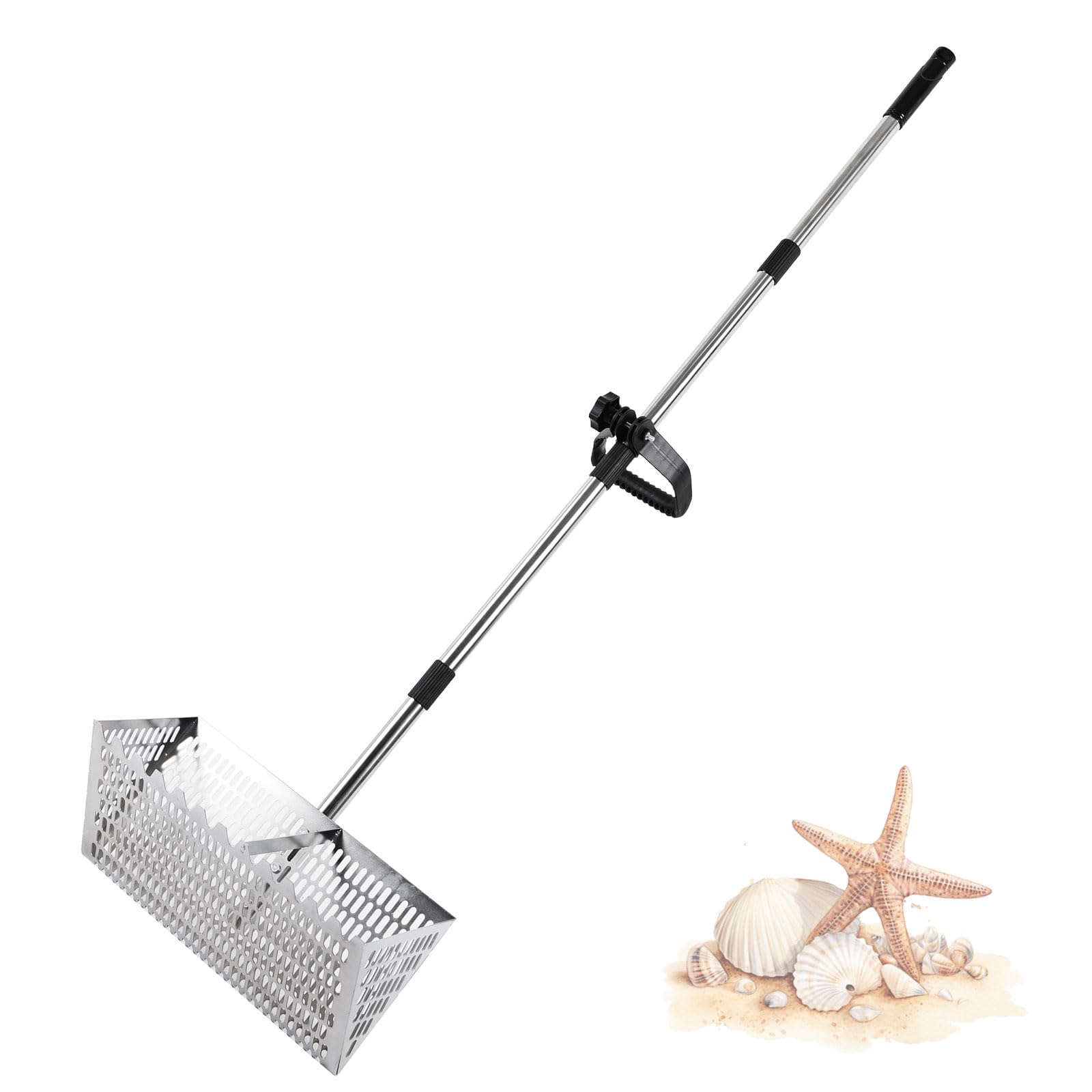 Edelstahl Strand Sandsieb Mit Rutschfestem Griff, Abnehmbarem 170 cm Langen Sandrechen Griff, 20×40cm Korb, Edelstahl 304, für Strand Camping/gemeinsame Aktivitäten mit Kindern
