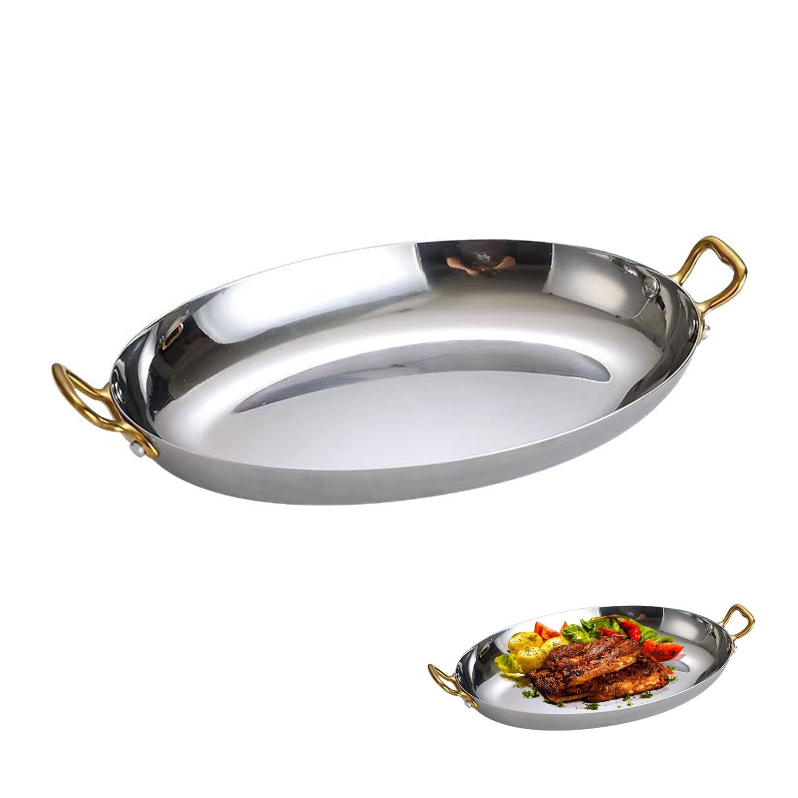Padella per paella per frutti di mare, pentole in acciaio inox con doppi manici, teglia ovale per uso domestico e ristorante