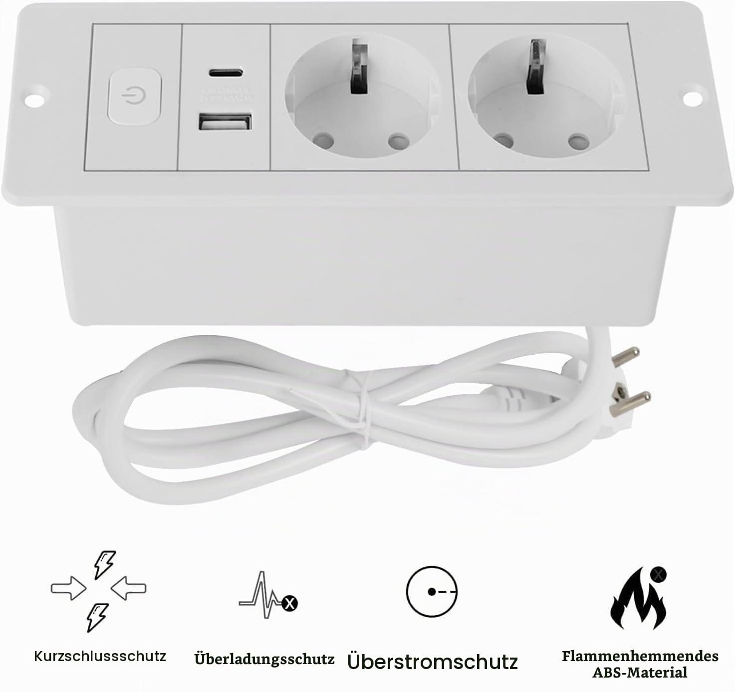 Tischplatte Versenkte Steckdose, 2-Fach Tischsteckdose mit USB & Typ-C, 1,8M Kabel, Mehrfachsteckdose Steckdosen Unterputz Arbeitsplatte für Büro, Küche, Arbeitsplatte (2AC-Weiß)