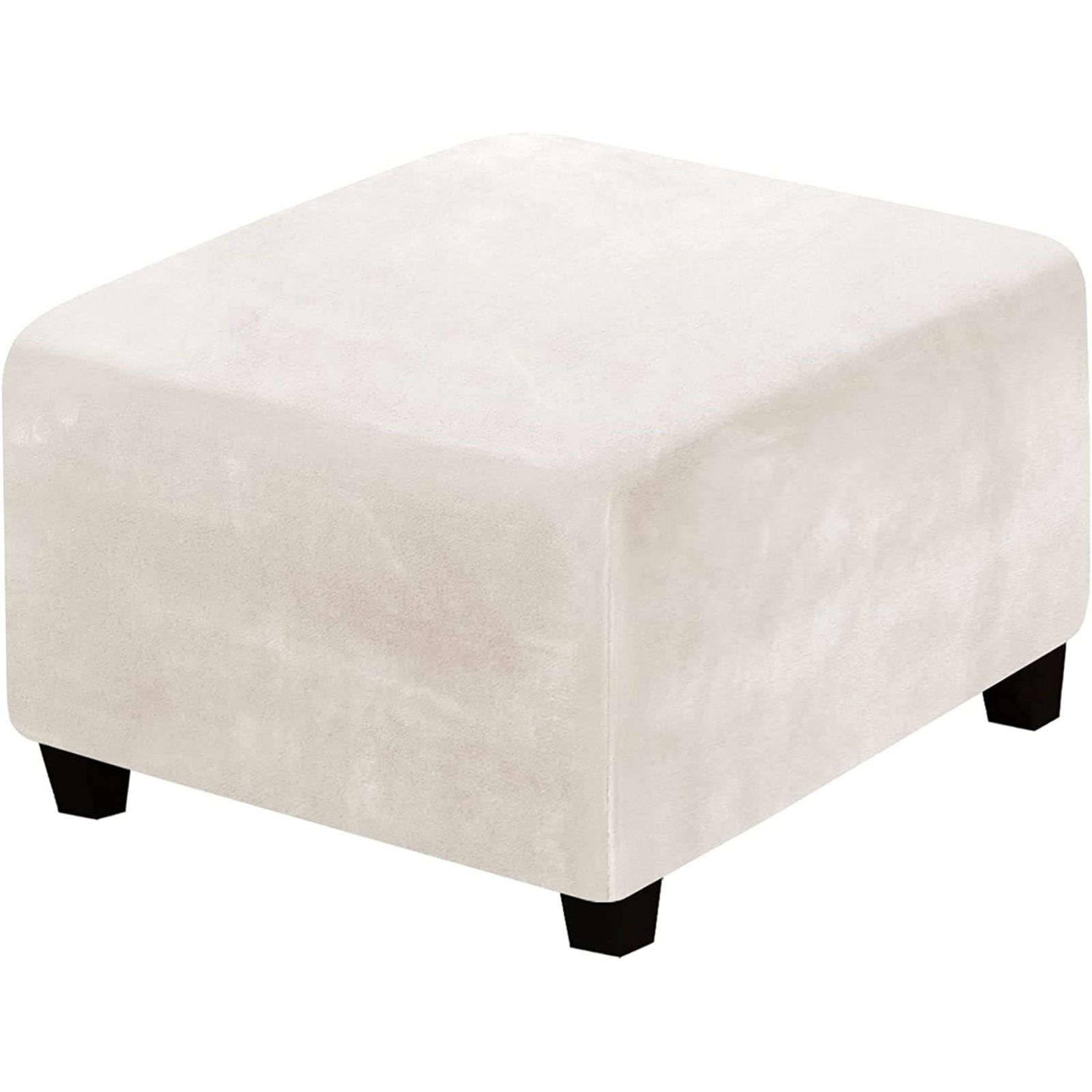 CLGTY Stretch Footstool Slipcovers Square, Velvet Ottoman Cover Non Slip Removable Living Room Folding Storage Stool Cover for Kids Pets-Ivory-Large
