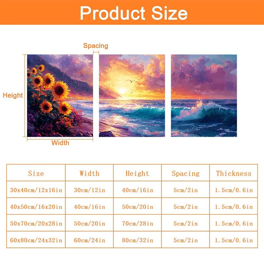 Wandbilder Meer 60x80cm, 3Pcs Leinwand Bilder Groß Wanddeko Wohnzimmer, Sonnenblume Leinwand Bilder mit Rahmen, Moderne Wandbilder Wohnzimmer Poster Set mit Haken, Wand Deko Schlafzimmer Poster, -2110