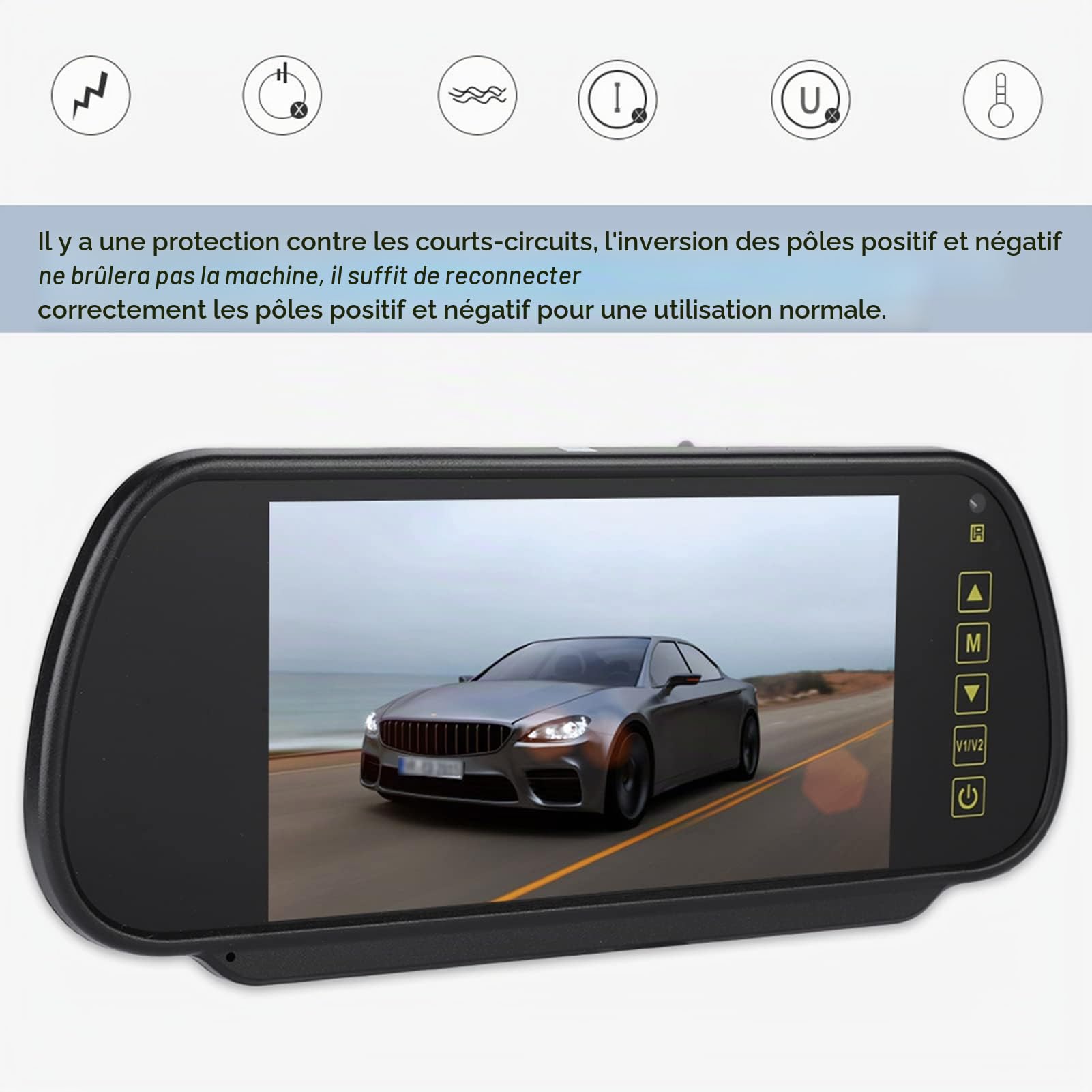 Moniteur de rétroviseur, Moniteur de Vue arrière d'interface vidéo Av1, Moniteur de caméra de recul à écran LCD de 7 Pouces, adapté à Tous Les Types de véhicules