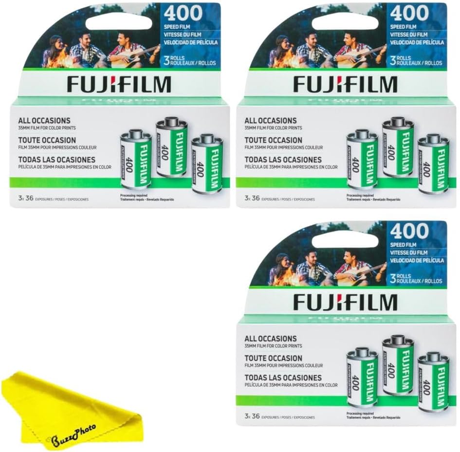 Fujifilm Fujicolor 400 Color Negative Film (35mm Roll Film, 3×36, Multiple Packs) + BuzzPhoto Microfiber Cleaning Cloth (3 Pack – 9 Rolls)