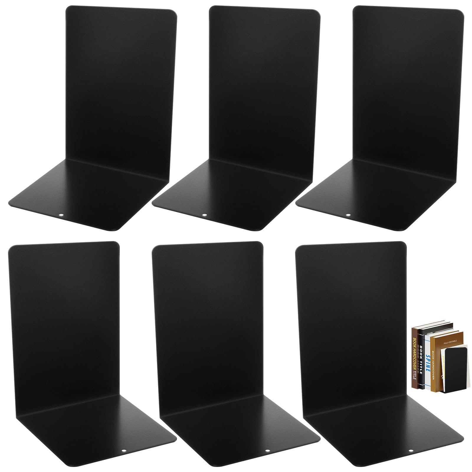 6 Pieces Metal Book Ends with Non-Slip Rubber Pad, Heavy Duty Bookends for Shelves, L-Shaped Divider Books Support Holder, Black Decorative Book Stopper for Home, Office, School, Library Bookshelf