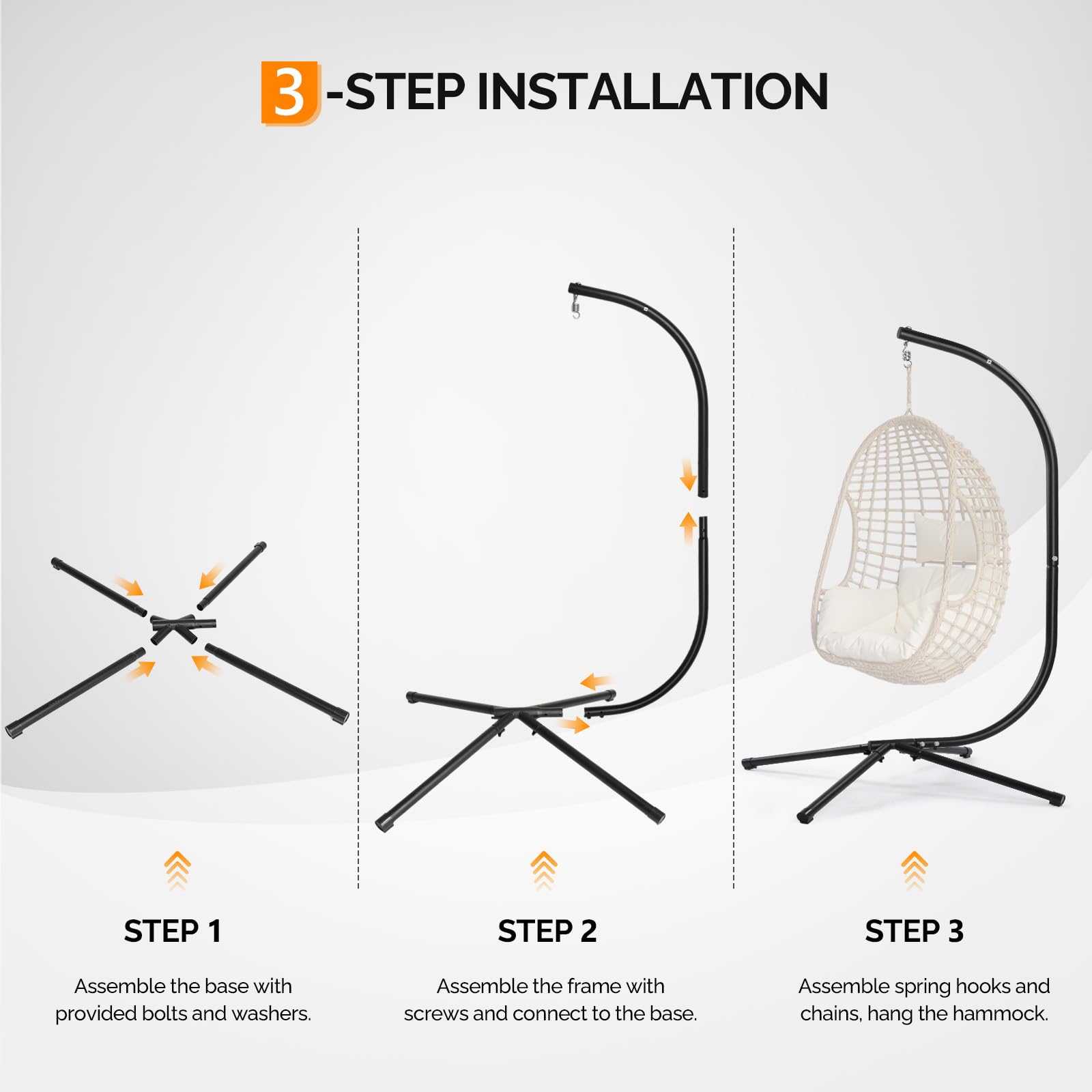 Support de Hamac - Charge Maximale 180 KG, Support de Chaise Suspendue en Forme de C, 125 x 104 x 195 CM Crochet à Ressort, pour Jardin/Balcon/Maison