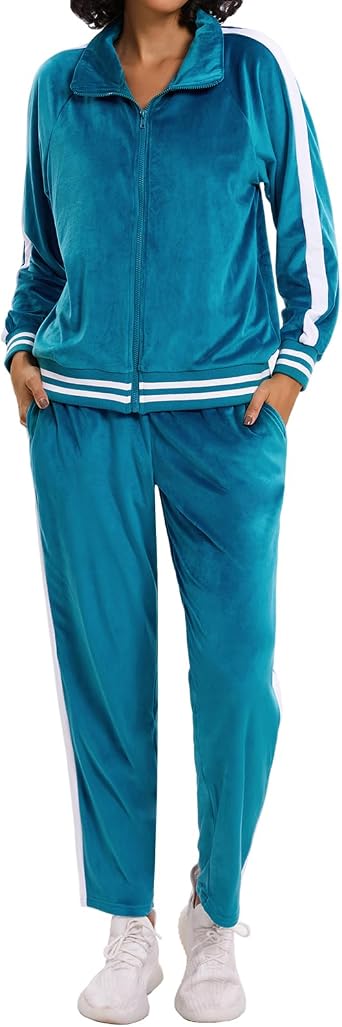 Womens Velour Tracksuit Zip-Up Jacket and Jogger Pants with Pockets Sweatsuit Loungewear Set 2 Piece Loose Fit