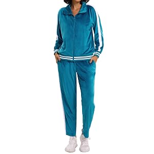 Womens Velour Tracksuit Zip-Up Jacket and Jogger Pants with Pockets Sweatsuit Loungewear Set 2 Piece Loose Fit