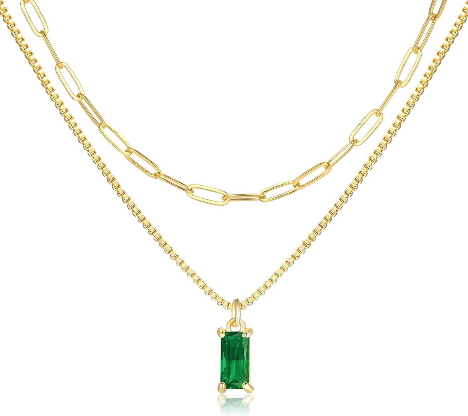 Dainty Gold Charm Necklaces for Women Non Tarnish, 14K Trendy Blue Green Cubic Zirconia Emerald Pendant Birthstone Necklaces Birthday Gifts for Women Waterproof Jewelry