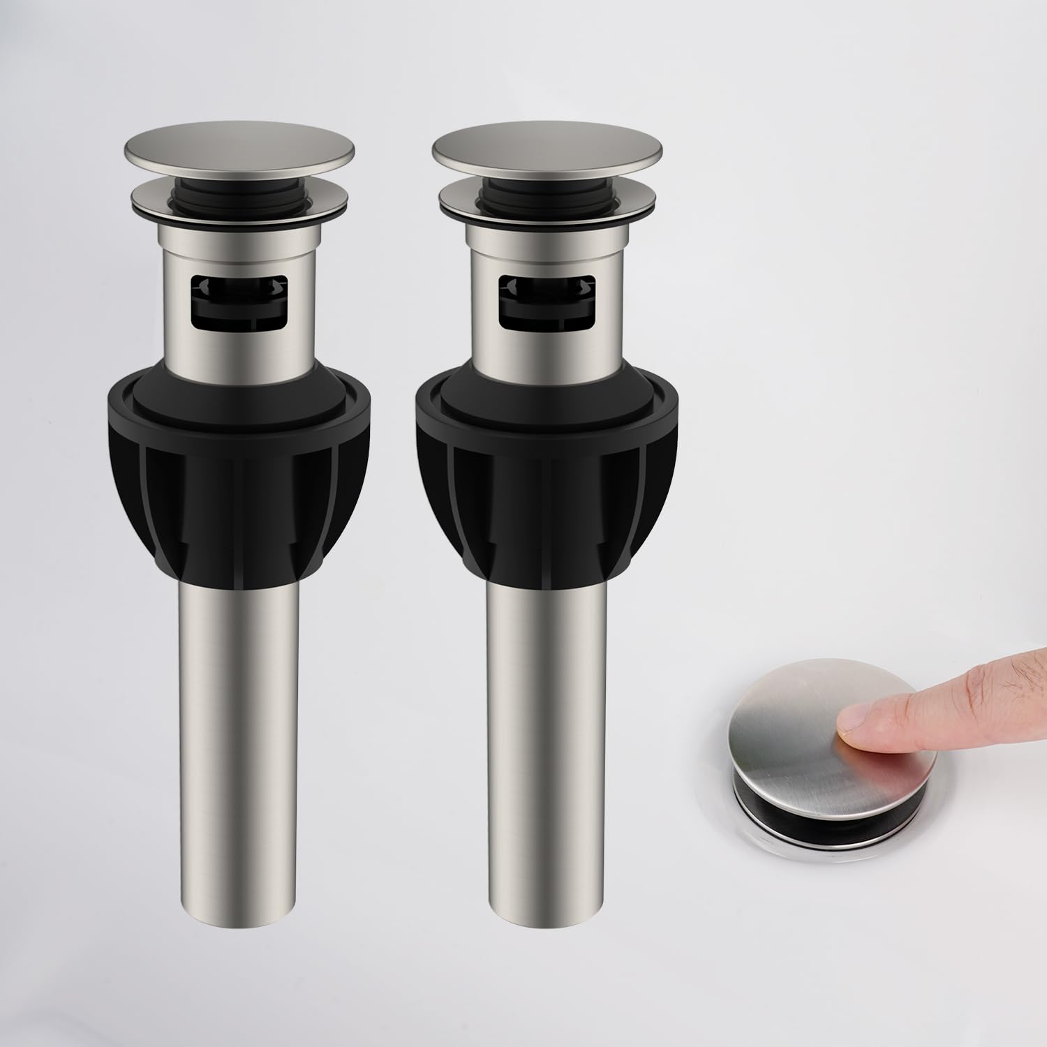 Hibbent 2 Pack Metal Bathroom Sink Drain with Overflow, Push and Seal Pop Up Drain Stopper, Stainless Steel Vessel Lavatory Vanity Sink Drain Stopper, Anti-Clogging Strainer, Brushed Nickel