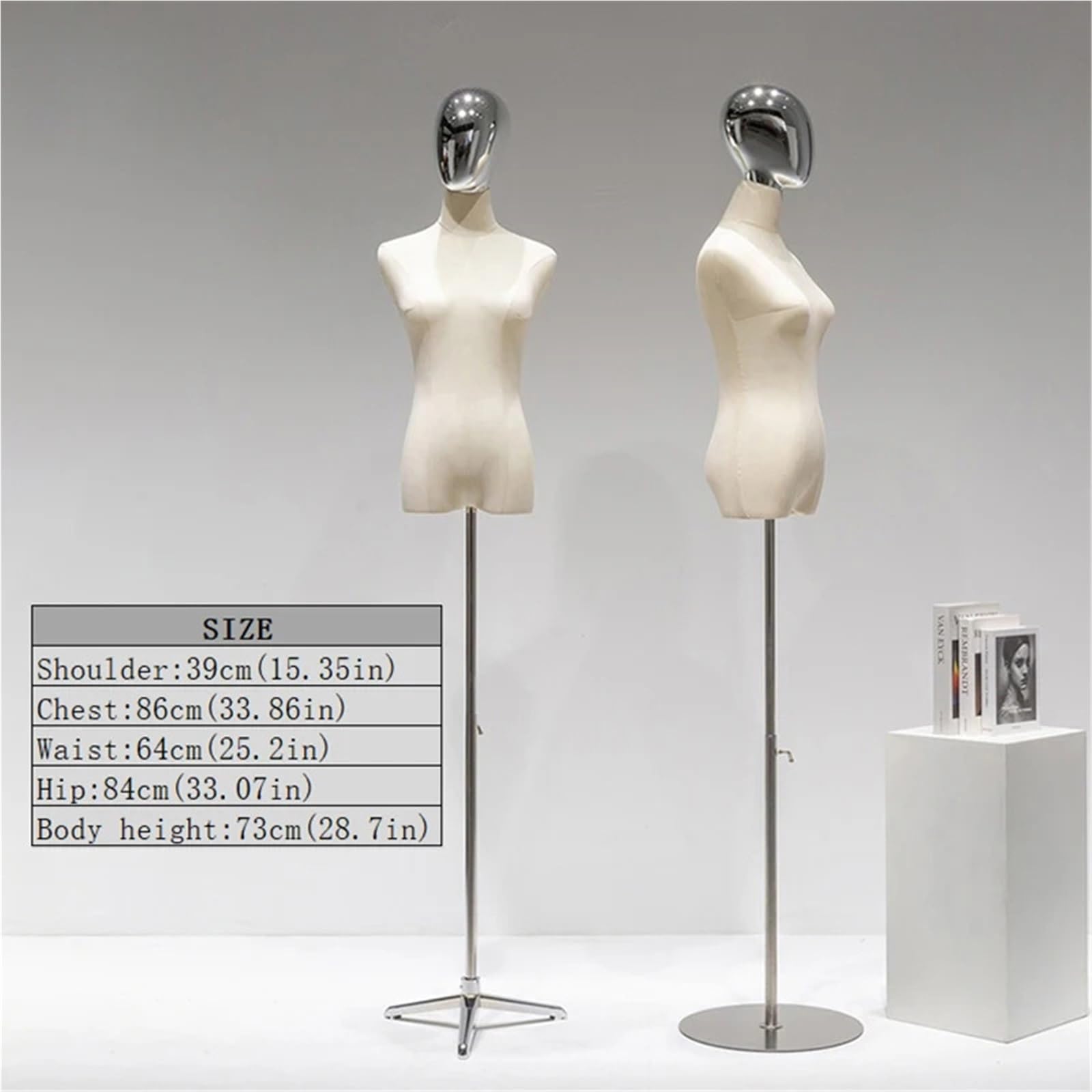 Schneiderpuppe Damen Halbkörper Schaufensterpuppe for Kleidung Weibliche Attrappe mit Chromkopf Torso(Silver no Hand)