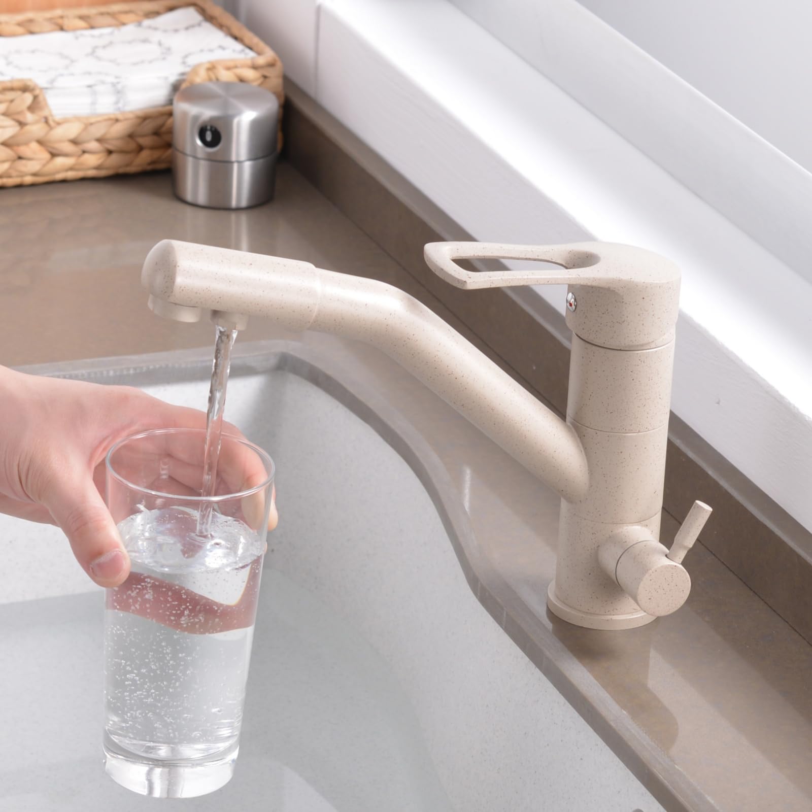 Genérico Grifo de Cocina para Agua Potable Grifo de Filtro de 3 Vías Color Avena para Fregadero de Cocina Giro de 360° Triflujo con 2 Manijas