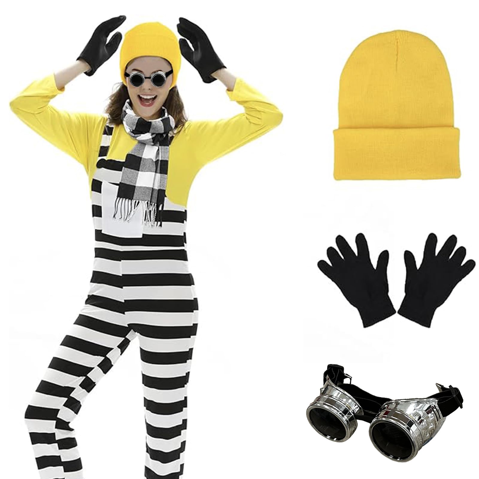 Santoy 3 pcs Halloween Costume Cosplay Accessories Steampunk Goggles Yellow Beanie Knit Hats?Black Gloves?Adult Round Glasses Party Set For Men and Women