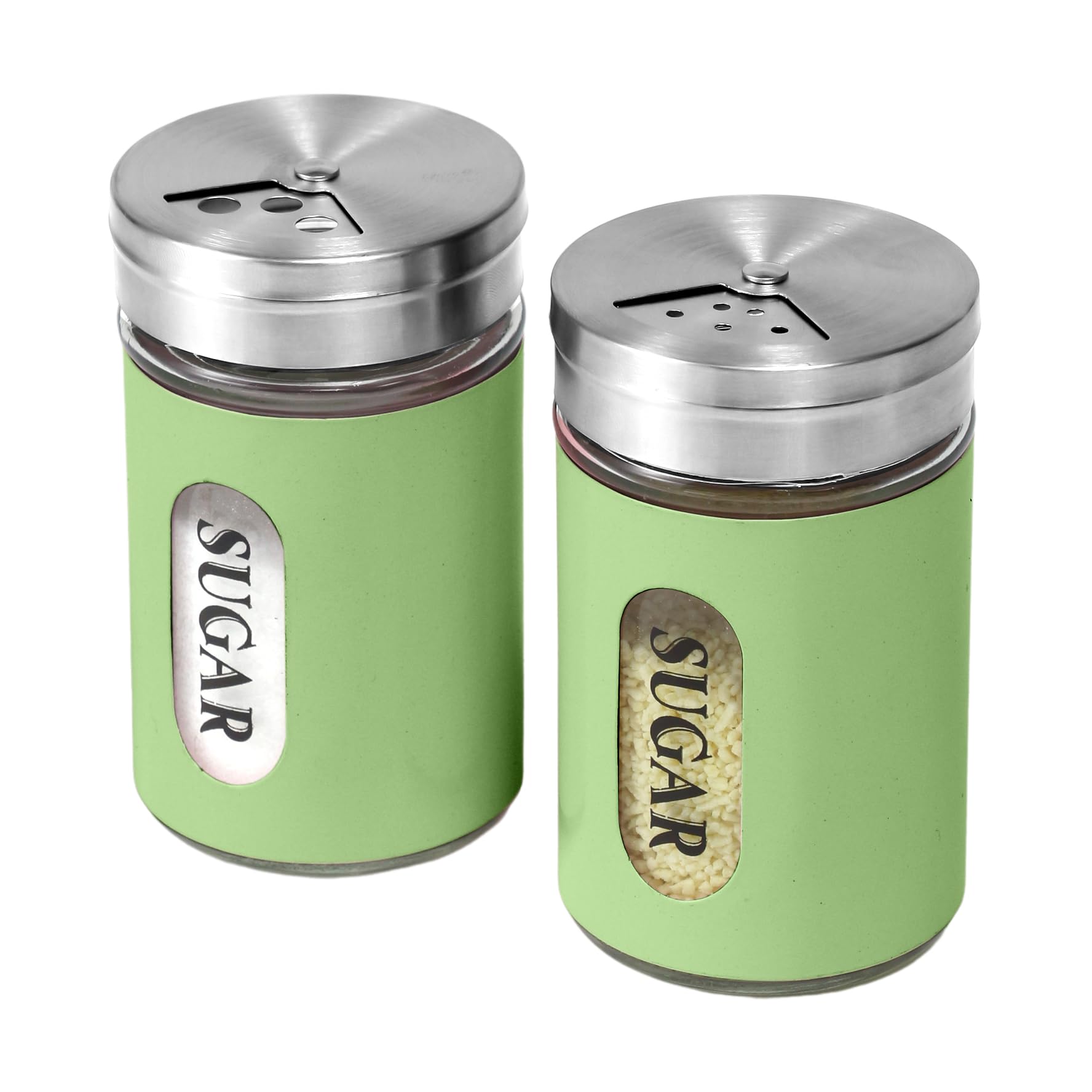 STJKBDFC Sugar Shaker Duster Stainless Steel and Glass Set with Adjustable Pour Holes Cinnamon Shaker For Coffee Bar,set of 2 (Green)