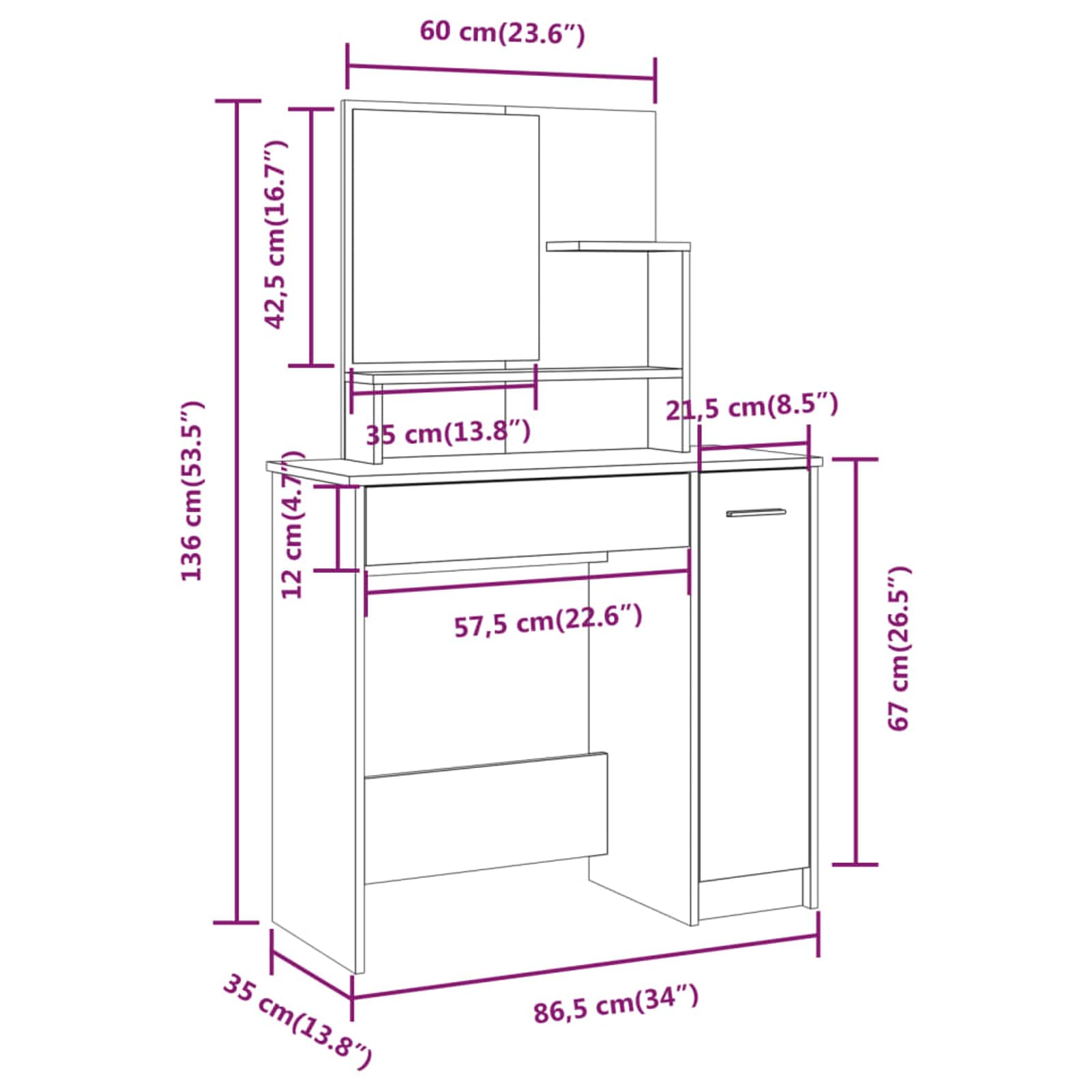Homgoday Schminktisch mit Spiegel Betongrau 86,5x35x136 cm Holzwerkstoff Make-up Tisch mit Schublade und Ablage für Schlafzimmer 802961