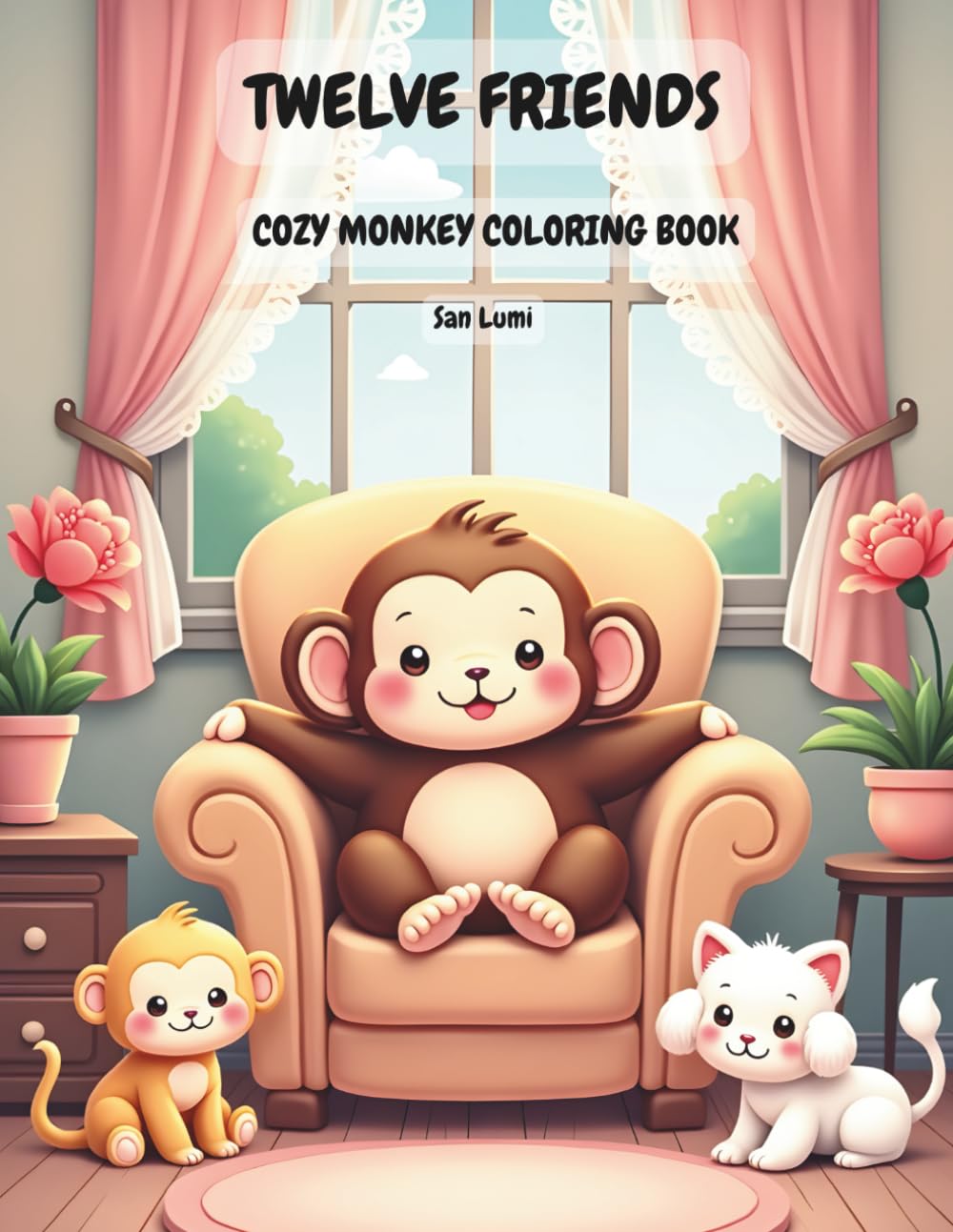 Twelve Friends: Cozy Monkey Coloring Book: Cute and Cozy Coloring Pages for Relaxation and Stress Relief for Kids Adults