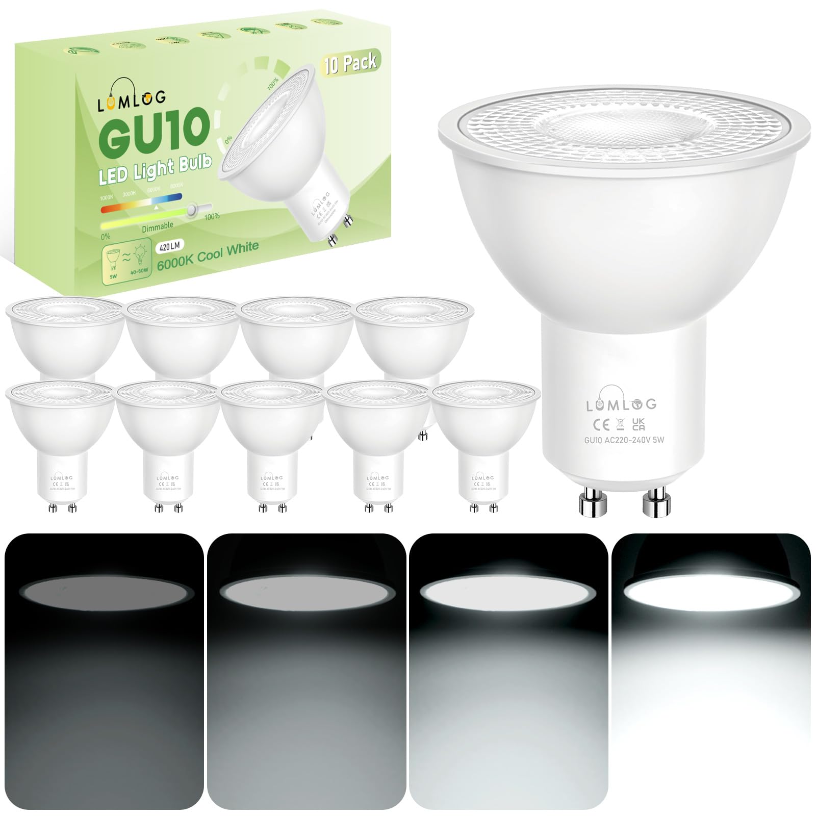 Lumlog GU10 Led Bulbs, 6000K Cool White 5W Spotlight Light Bulb, 420LM Energy Saving LED Bulb, (40-50W Equivalent), CRI >80, 38° Beam Angle, Non-Flicker, Dimmable 10 Pack
