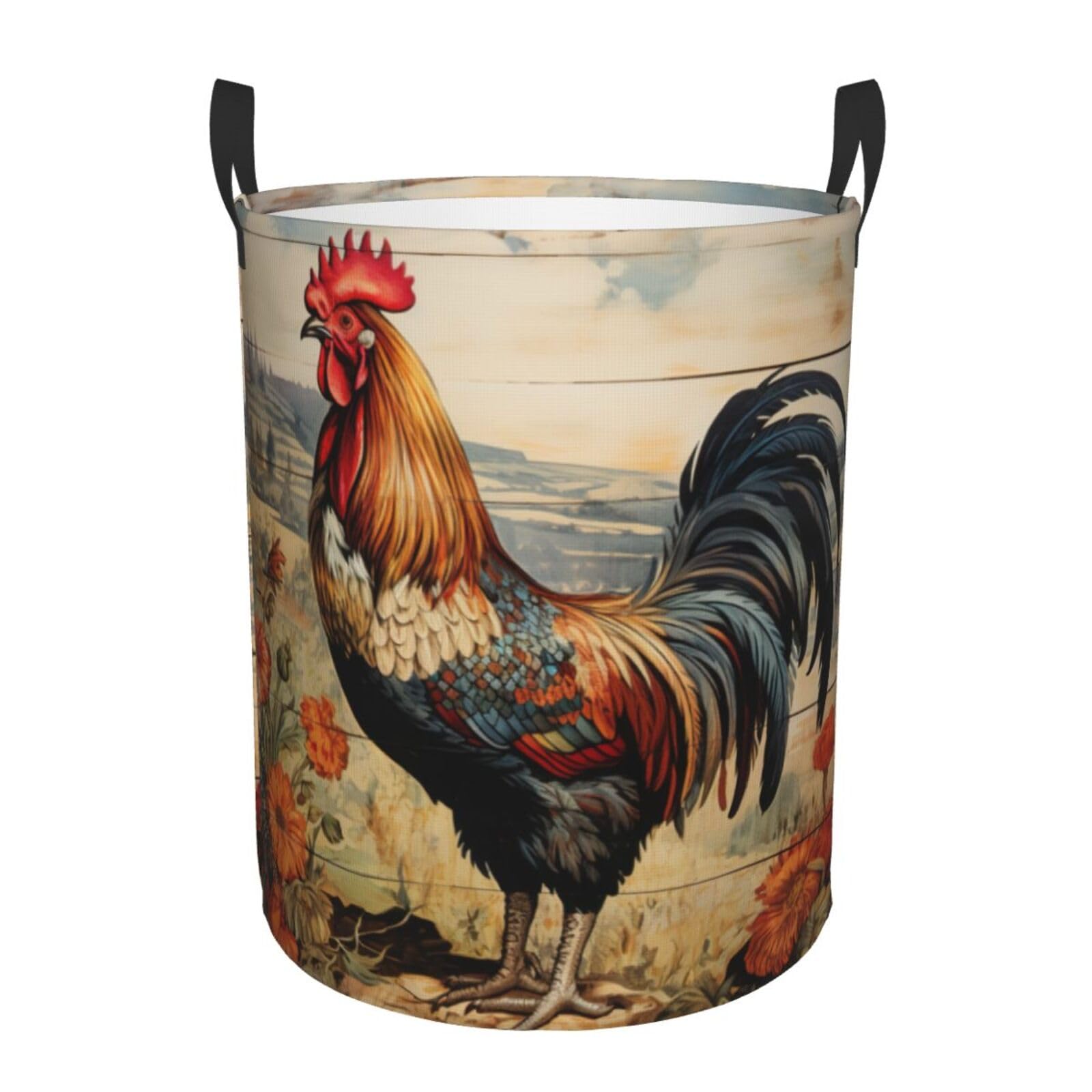 M Collapsible Laundry Hamper Round Rooster on Wood in Farmland Print Storage