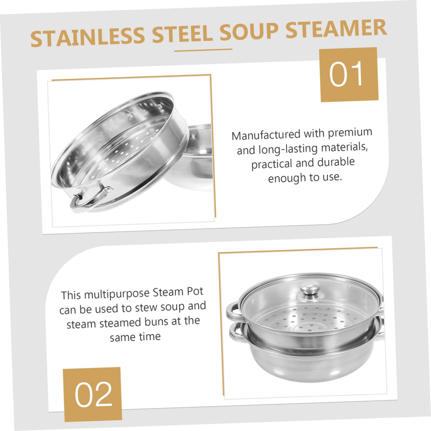 Dampfgarer mit Deckel aus Edelstahl und Glas, Silber, 1 Satz